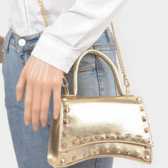 Metallic Faux Leather Studded Top Handle Clutch - Picture 1 of 3